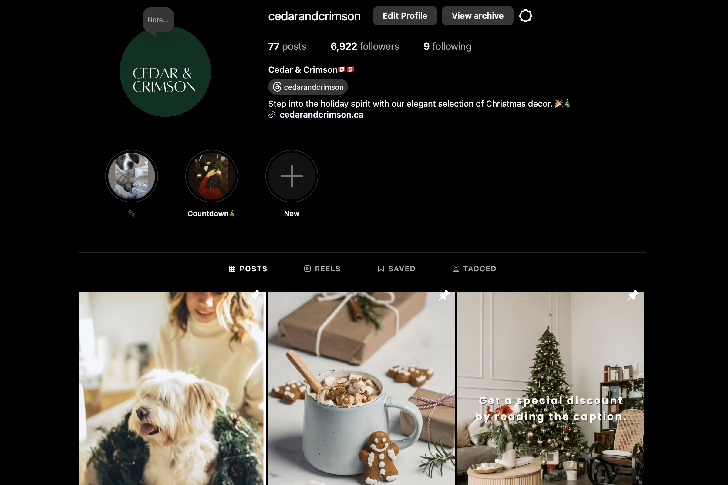 Instagram profile for Cedar & Crimson, with 77 posts and 6,922 followers. Profile picture has "CEDAR & CRIMSON" on a green background. Bio: "Cedar & Crimson 🇨🇦 @cedarandcrimson Holiday spirit with Christmas decor 🎄 cedarandcrimson.ca."